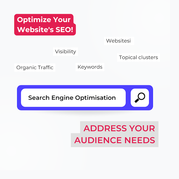 SEO optimization graphic showing keywords, visibility, organic traffic, and audience needs as part of a marketing strategy for tech companies.