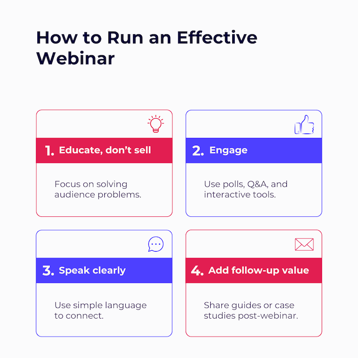 Infographic showing 4 steps to run an effective webinar: Educate, engage, speak clearly, and add follow-up value. A key marketing strategy for tech companies.