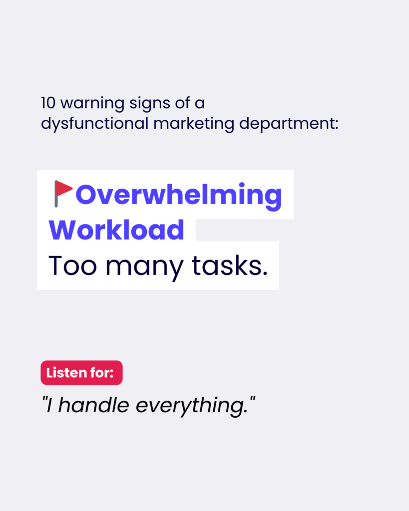 An infographic slide showing a warning sign of a dysfunctional marketing department. The main text in blue reads 'Overwhelming Workload' with a small red flag icon, followed by 'Too many tasks.' Below, there's a red 'Listen for:' label with the quote 'I handle everything.' The text is displayed on a clean white background with modern typography.