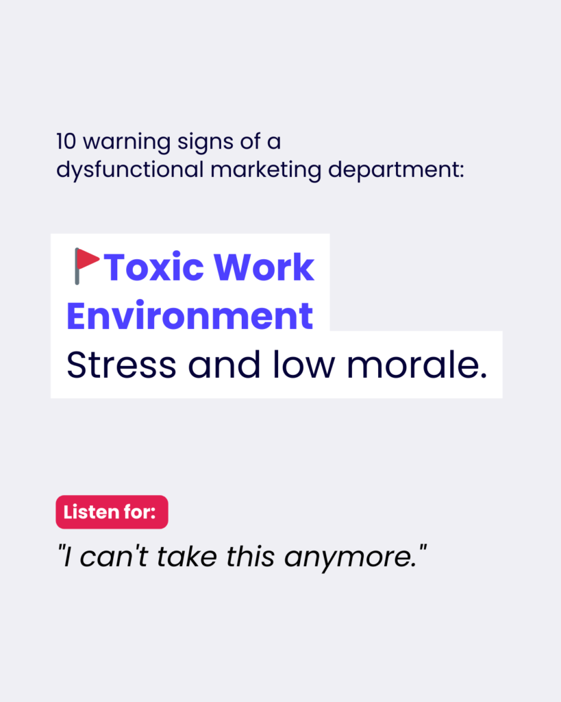 An infographic slide showing a warning sign of a dysfunctional marketing department. The main text in blue reads 'Toxic Work Environment' with a small red flag icon, followed by 'Stress and low morale.' Below, there's a red 'Listen for:' label with the quote 'I can't take this anymore.' The text is displayed on a clean white background with modern typography.