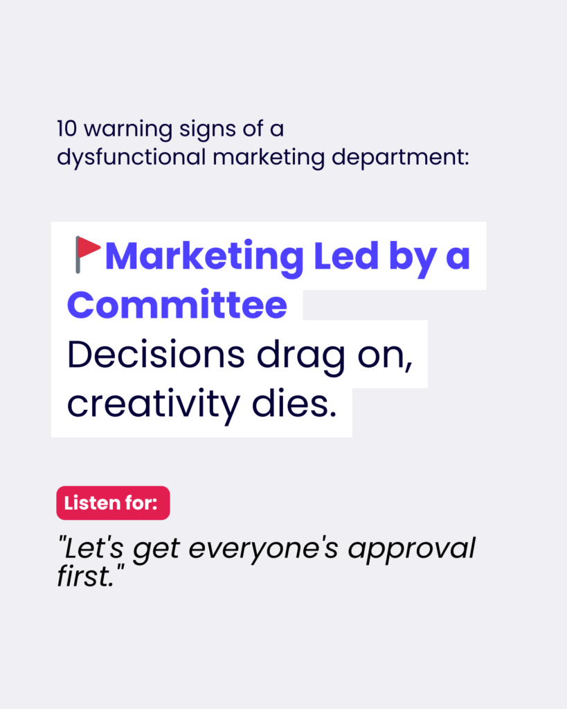 A text-based graphic showing one of ten warning signs of a dysfunctional marketing department. The main text in blue reads 'Marketing Led by a Committee' followed by 'Decisions drag on, creativity dies.' Below, there's a red 'Listen for:' label with the quote 'Let's get everyone's approval first.' The text is arranged on a clean white background with modern typography.