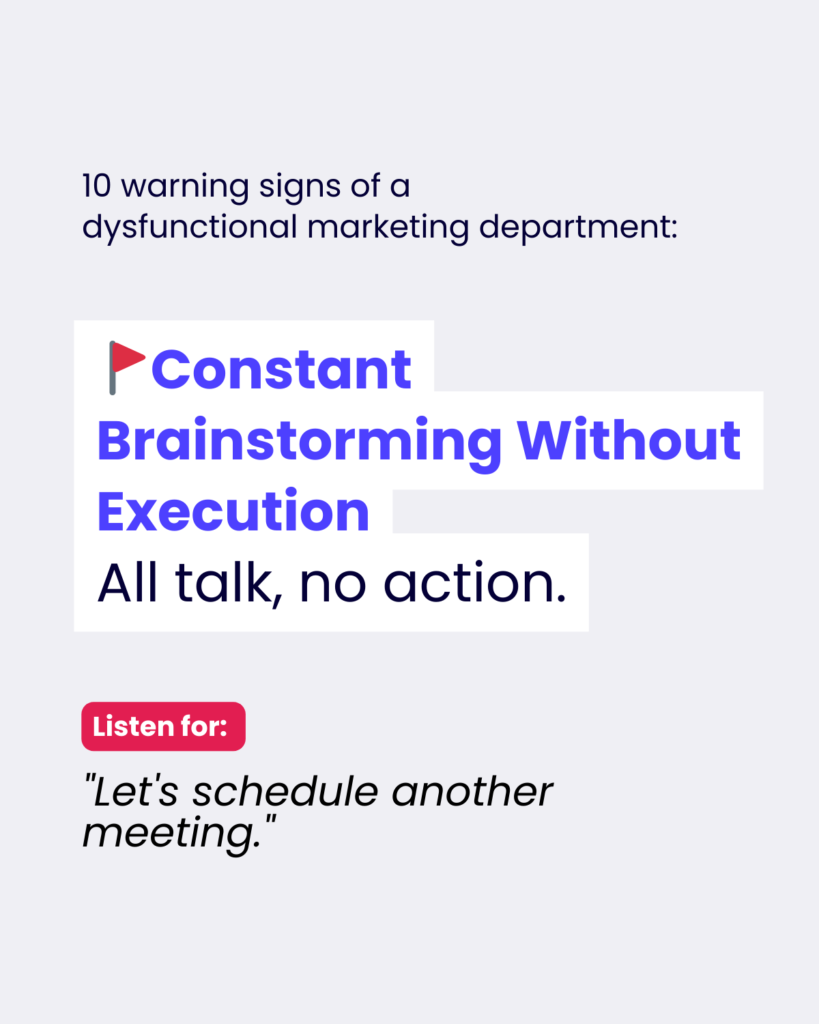 An infographic slide showing a warning sign of a dysfunctional marketing department. The main text in blue reads 'Overwhelming Workload' with a small red flag icon, followed by 'Too many tasks.' Below, there's a red 'Listen for:' label with the quote 'I handle everything.' The text is displayed on a clean white background with modern typography.