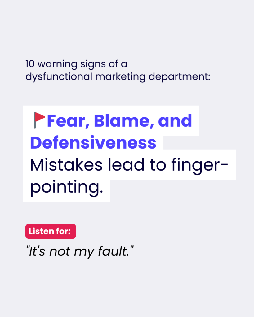 An infographic slide showing a warning sign of a dysfunctional marketing department. The main text in blue reads 'Fear, Blame, and Defensiveness' with a small red flag icon, followed by 'Mistakes lead to finger-pointing.' Below, there's a red 'Listen for:' label with the quote 'It's not my fault.' The text is displayed on a clean white background with modern typography.