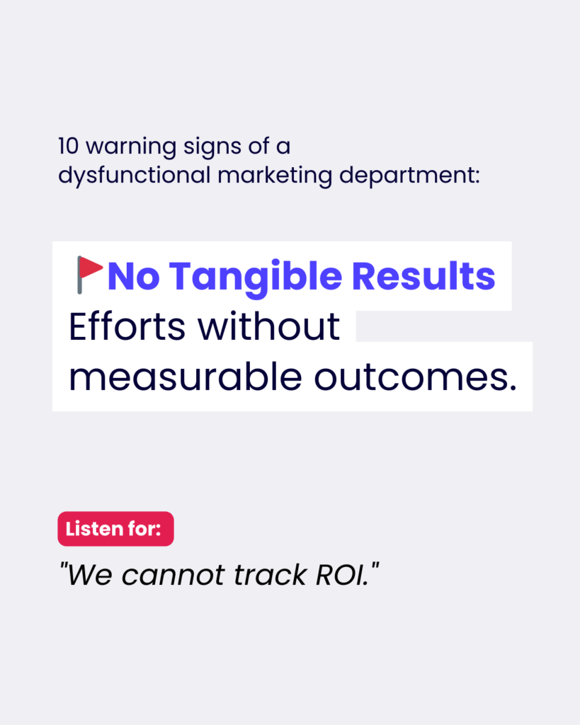 An infographic showing a warning sign from a series about dysfunctional marketing departments. The main heading in blue reads 'No Tangible Results' with a small red flag icon. Below it states 'Efforts without measurable outcomes.' At the bottom, there's a red 'Listen for:' label followed by the quote 'We cannot track ROI.' The text appears on a clean white background with modern typography and minimal design.