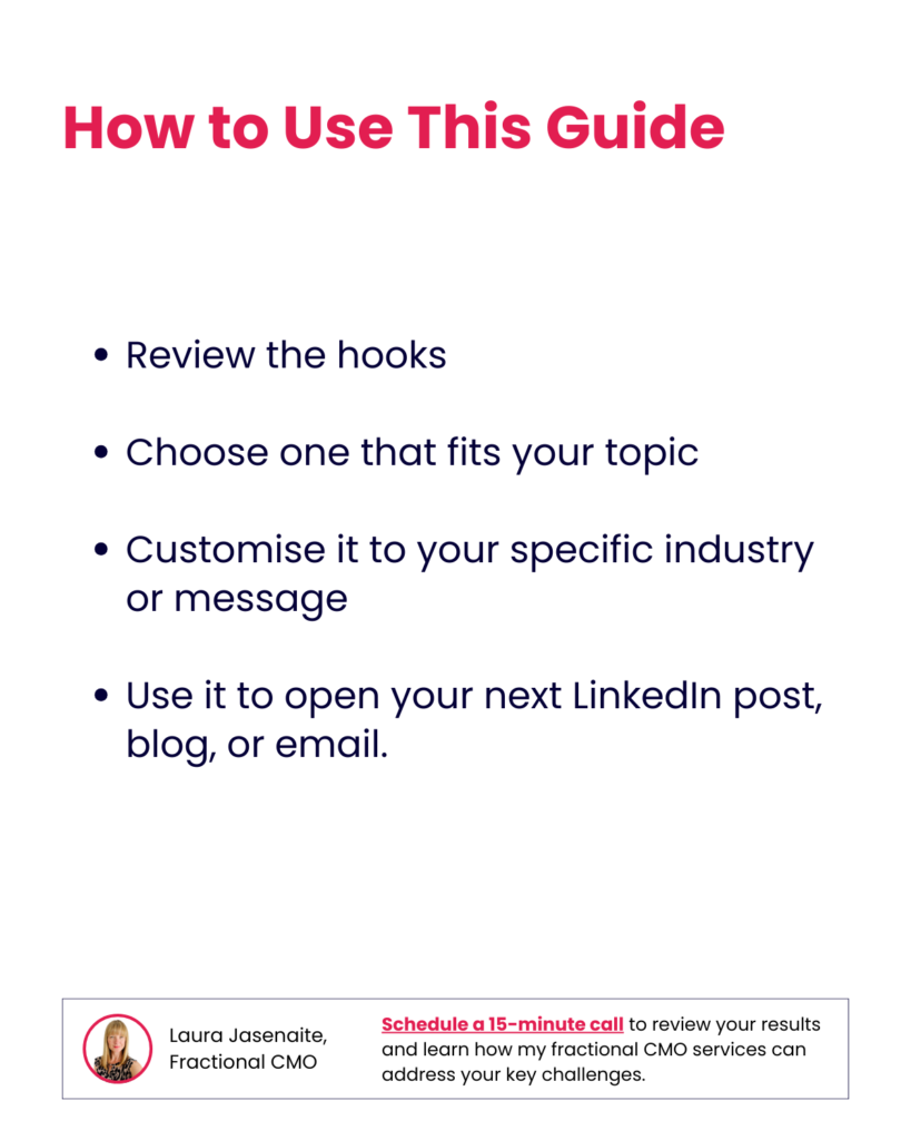 20 Strong B2B Story Hooks for Tech Marketing 1 Discover actionable steps to implement story hooks in your B2B marketing. Learn how to review, choose, and customize hooks to create impactful blogs, LinkedIn posts, and emails for your audience. Optimise engagement today!